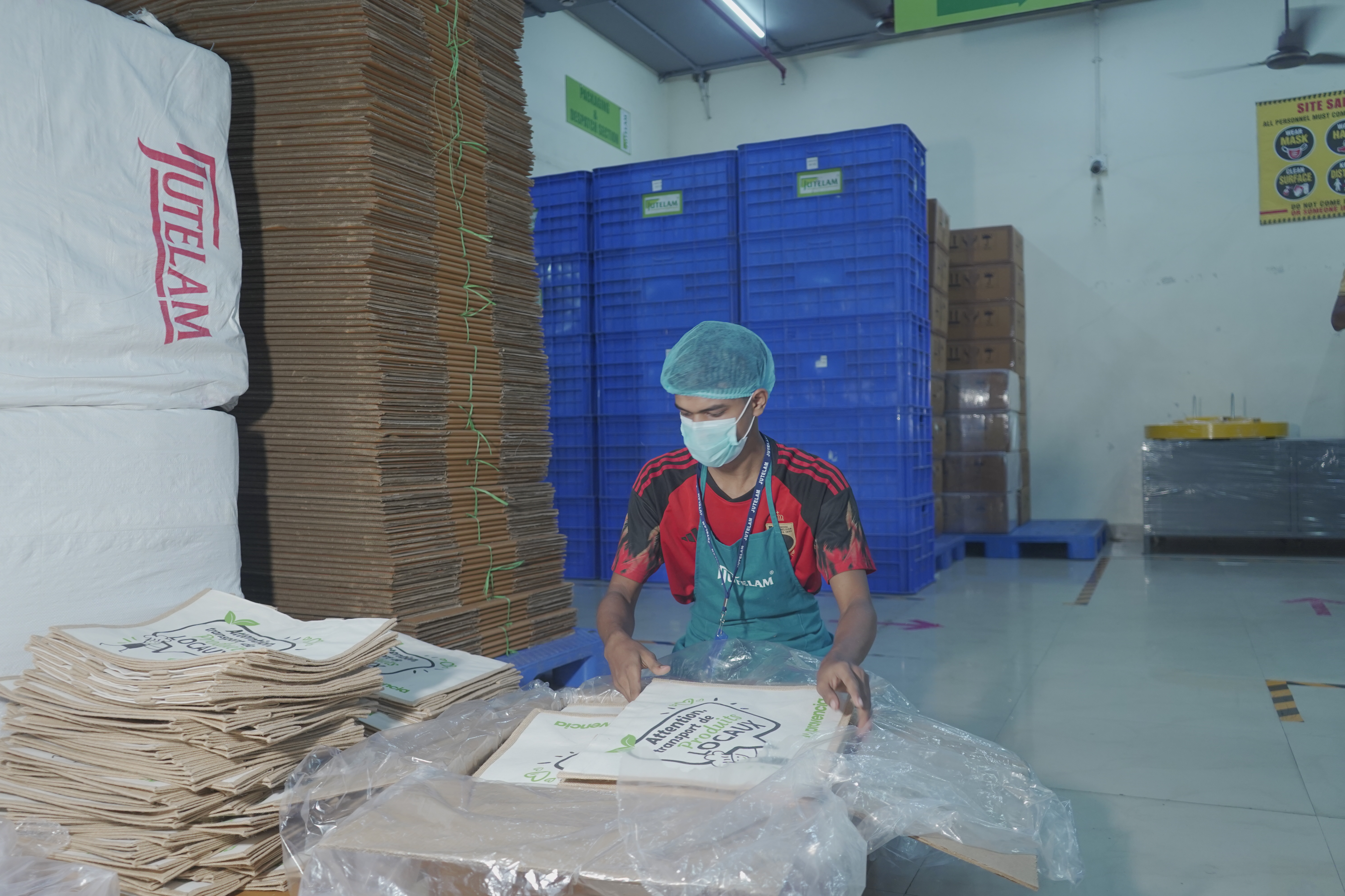 Worker packing bags into boxes